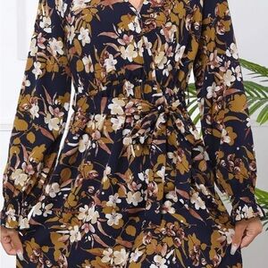 Floral Long Sleeve Dress, Fall Dress Brown Tan Black